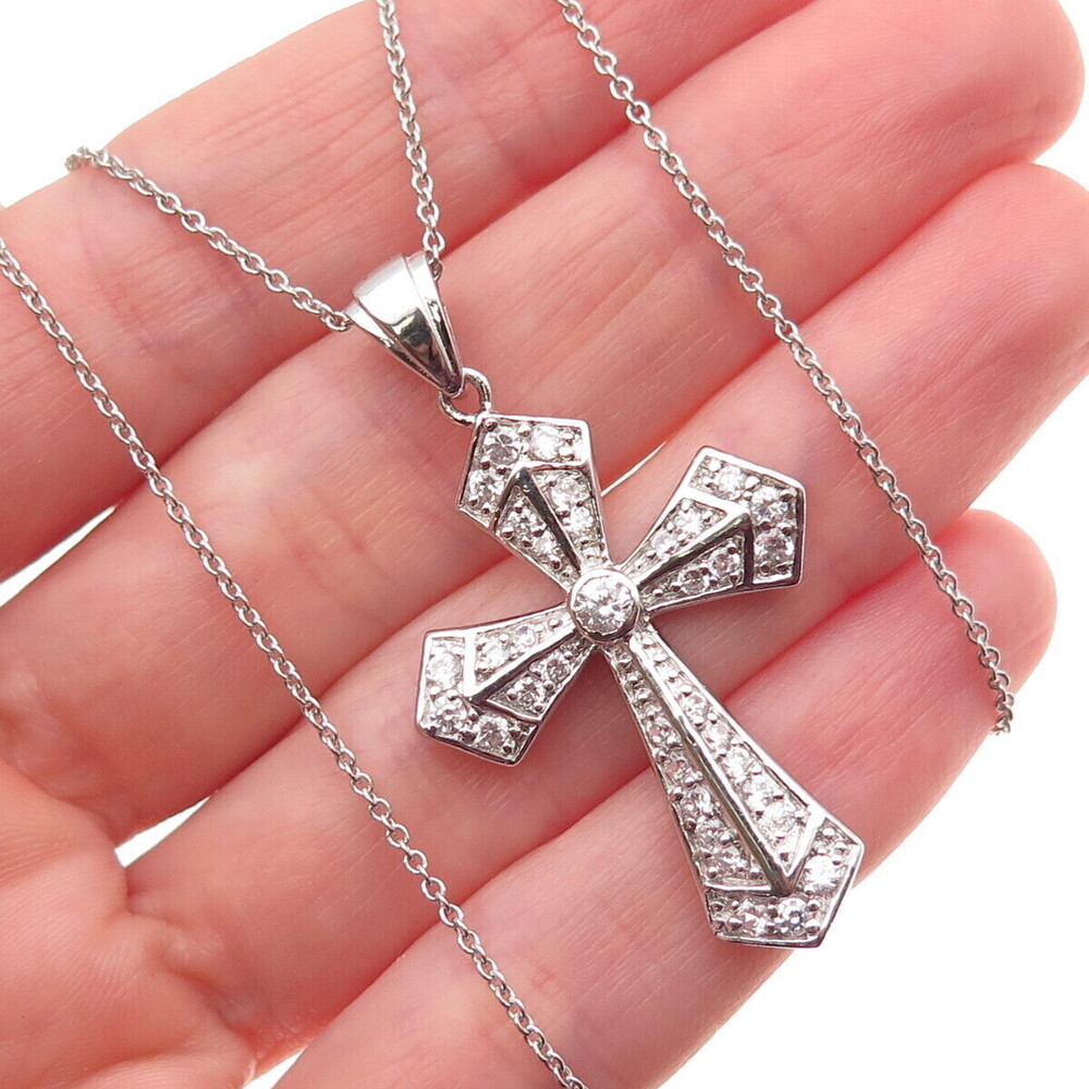 925 Sterling Silver Round-Cut C Z Cross Cable Chain Necklace 18"